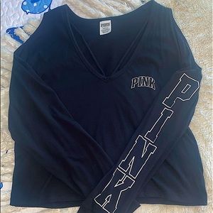 PINK Open shoulder long sleeve black top